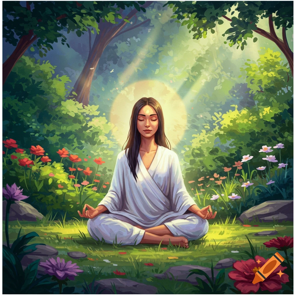 A woman meditating cross-legged in a sunlit forest clearing surrounded by flowers.
