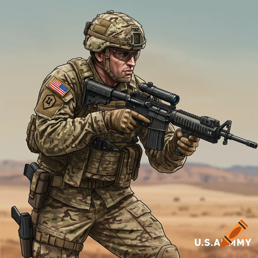 Illustration of a US Army soldier in camouflage holding a rifle in a desert