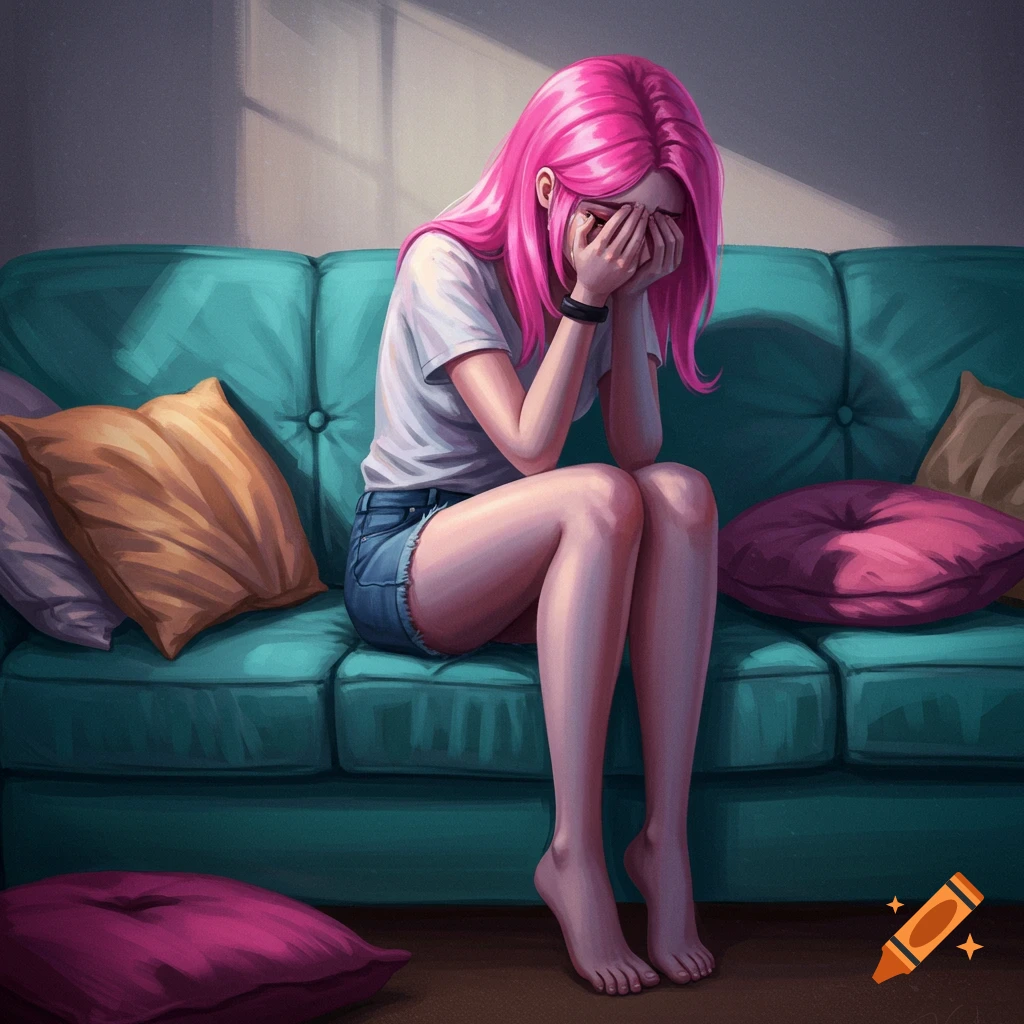 Anime illustration of a young woman with pink hair crying on a teal couch.