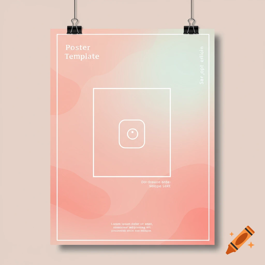 A poster template with a pink and green gradient background, abstract shapes, a central square frame, and placeholder text, hanging from binder clips.