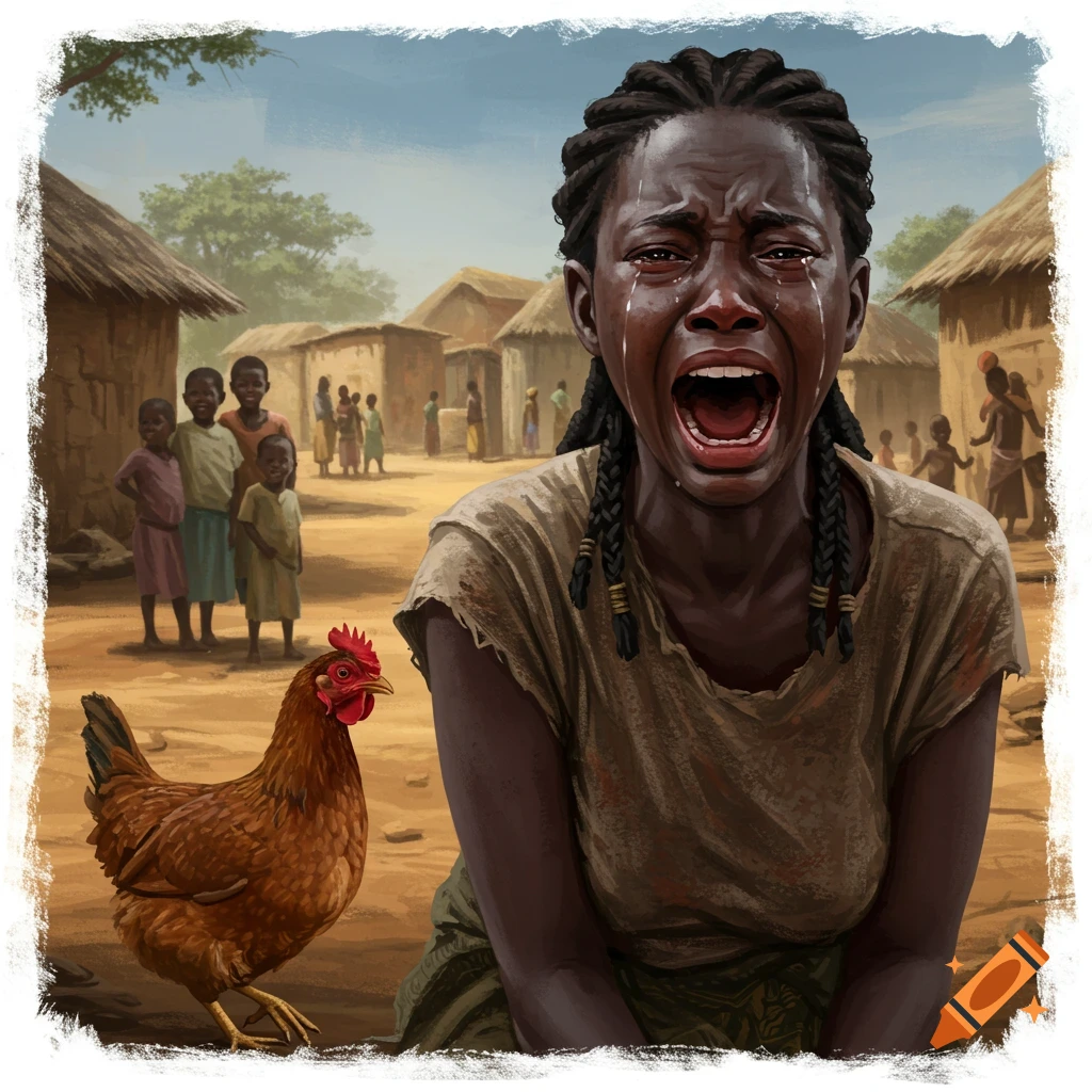 A woman cries and screams at a chicken in an African village.