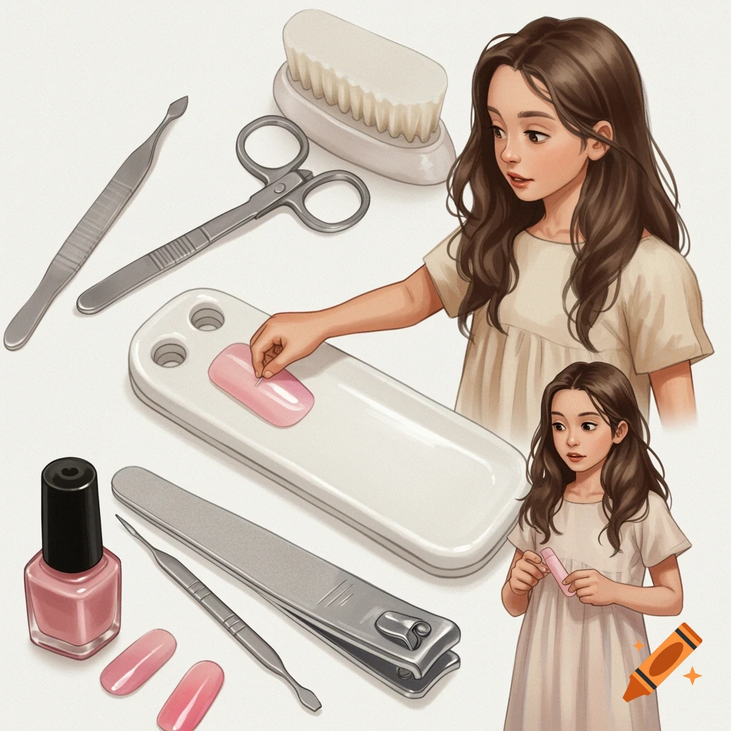 Illustration of a girl with nail care tools like clippers, file, brush, and polish.