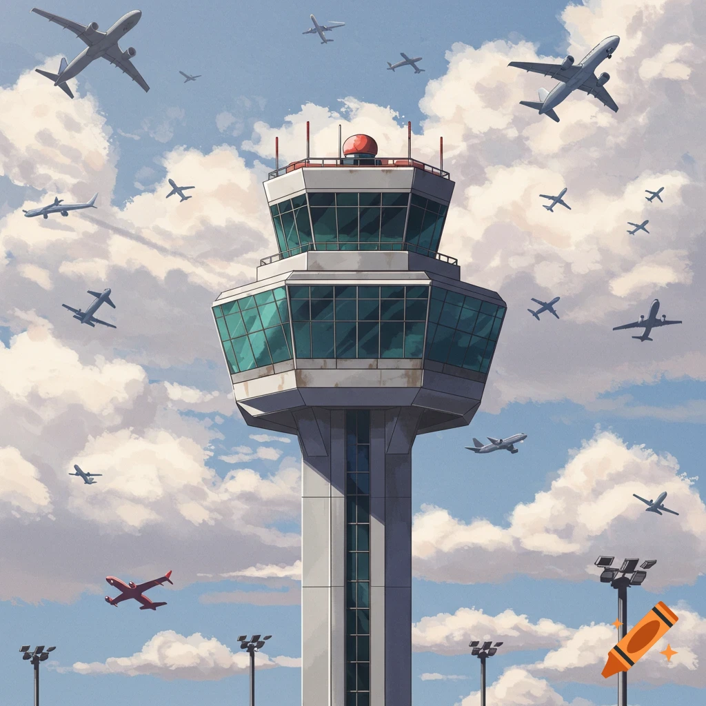 Airport control tower with many airplanes flying around it in a cloudy sky, illustrated style.