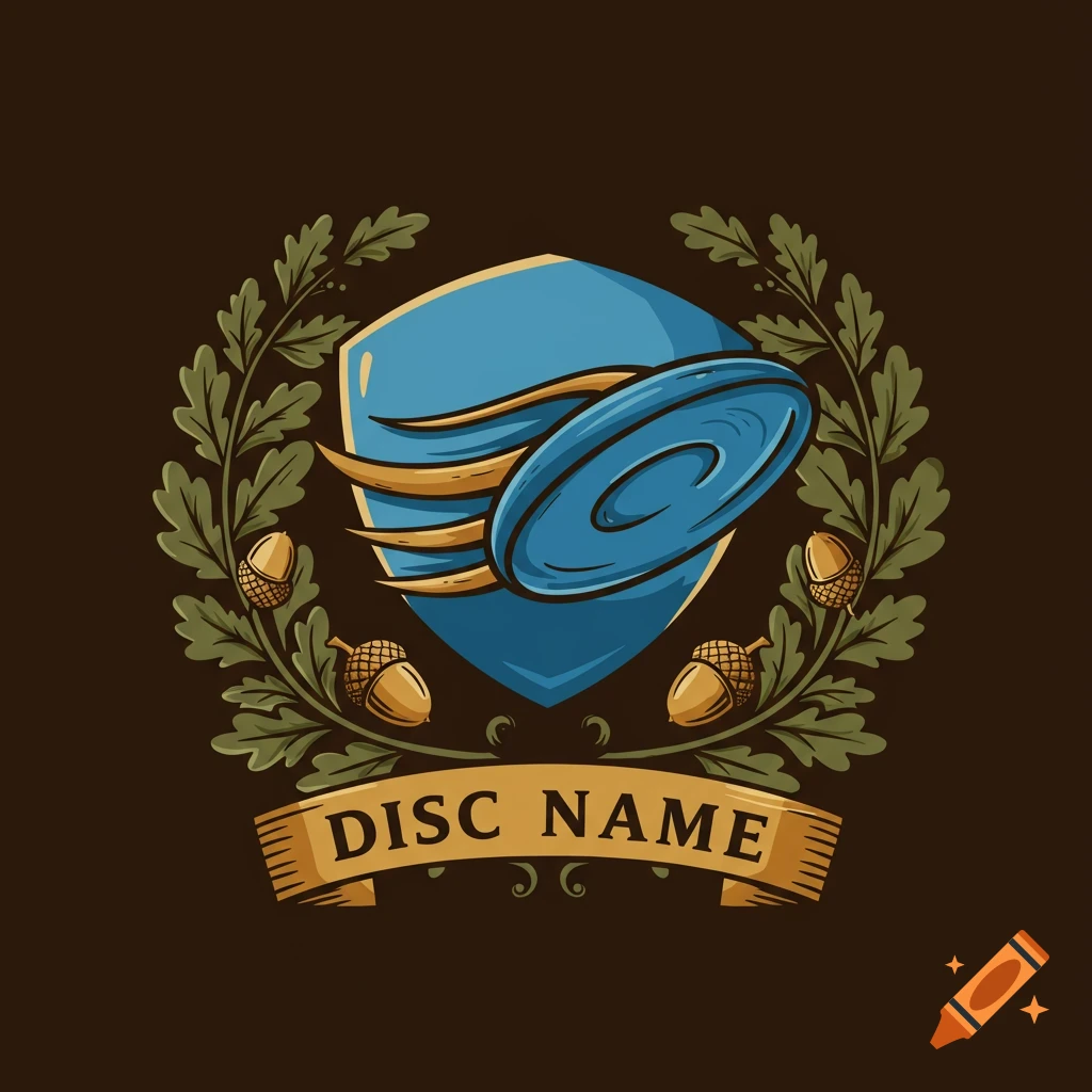 Logo crest with a blue shield, flying disc, oak leaves, acorns, and a banner.