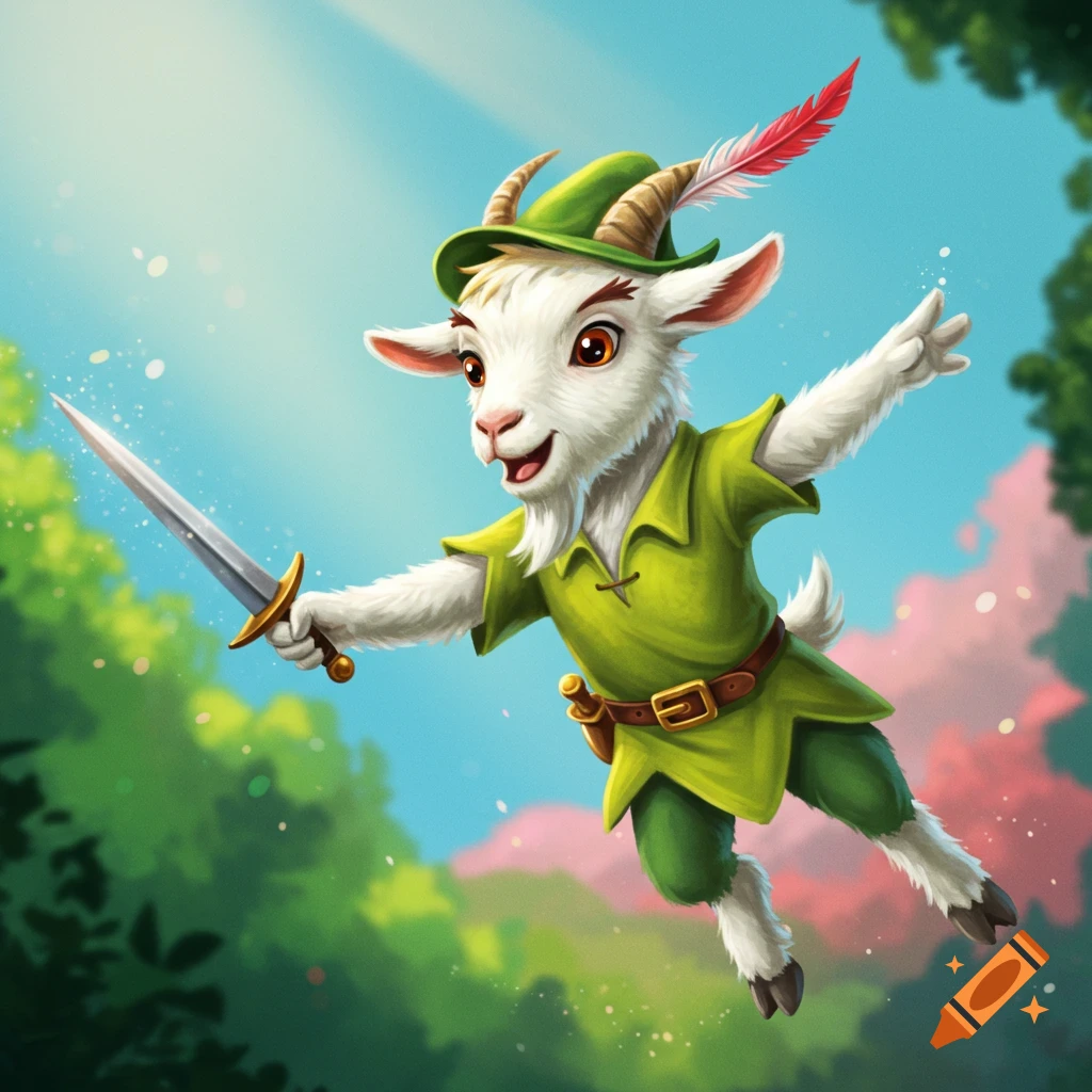 A cartoon goat dressed as Peter Pan flies through the air with a sword.