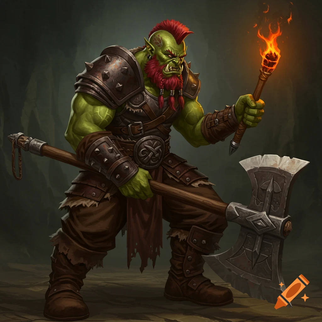 Green-skinned orc barbarian with red mohawk and beard holding a large axe and burning torch. Character art.