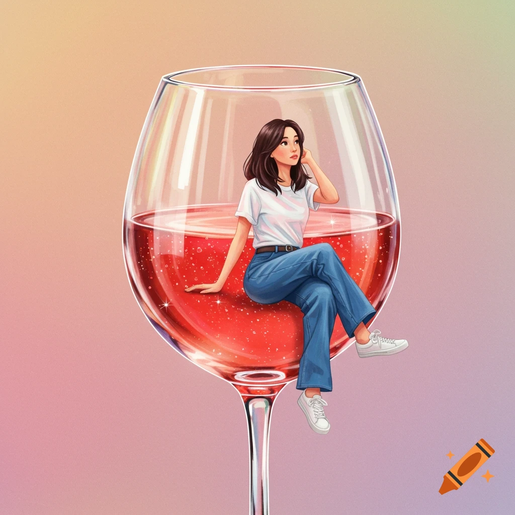 Illustration of a woman sitting inside a wine glass.