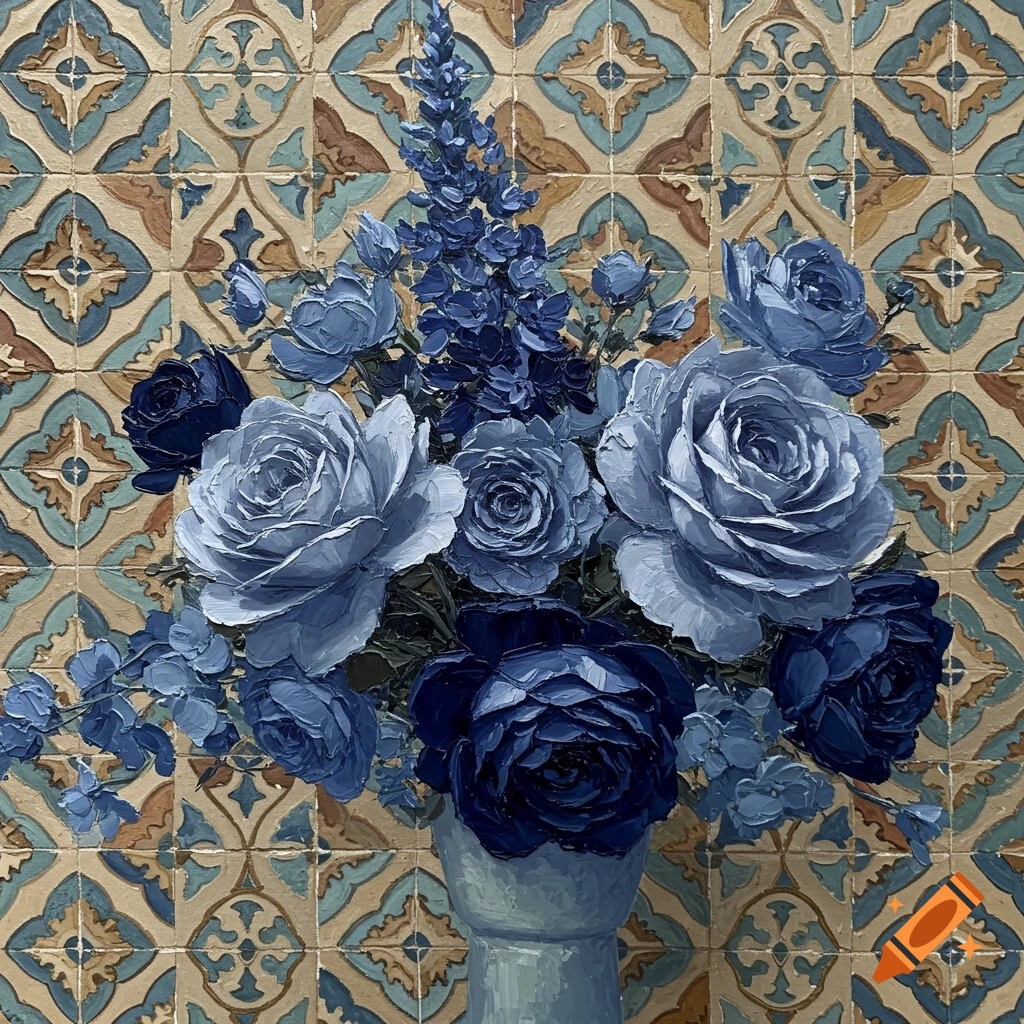 Oil painting of blue flowers in a vase against a background of Moroccan tiles.