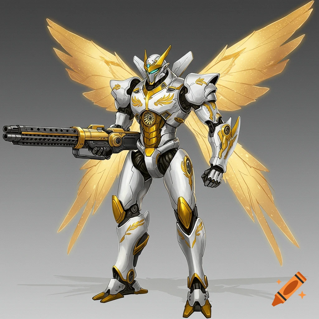 A white and gold winged robot stands holding a large gun. It has large golden wings and gold accents on its armor.