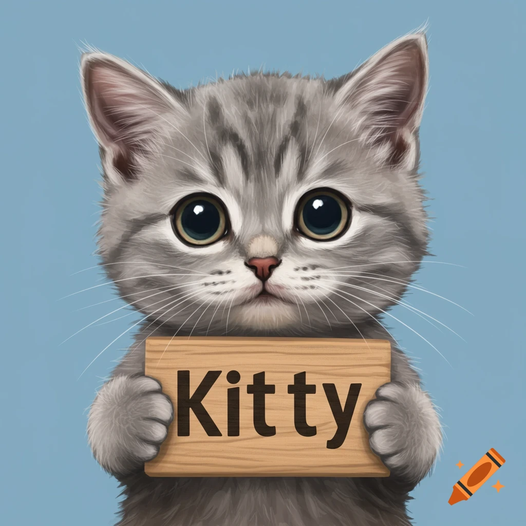 Cute grey kitten holds a wooden sign that says Kitty