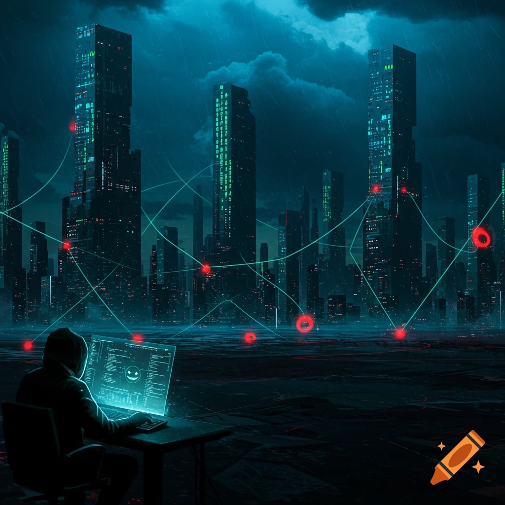 A hooded figure sits at a computer in a dark, futuristic city with glowing network lines and buildings displaying code.