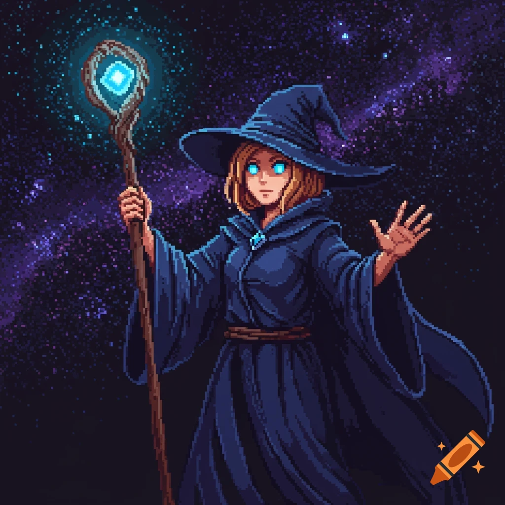 Pixel art illustration of a mage in a dark robe holding a glowing staff against a starry purple and blue space background.