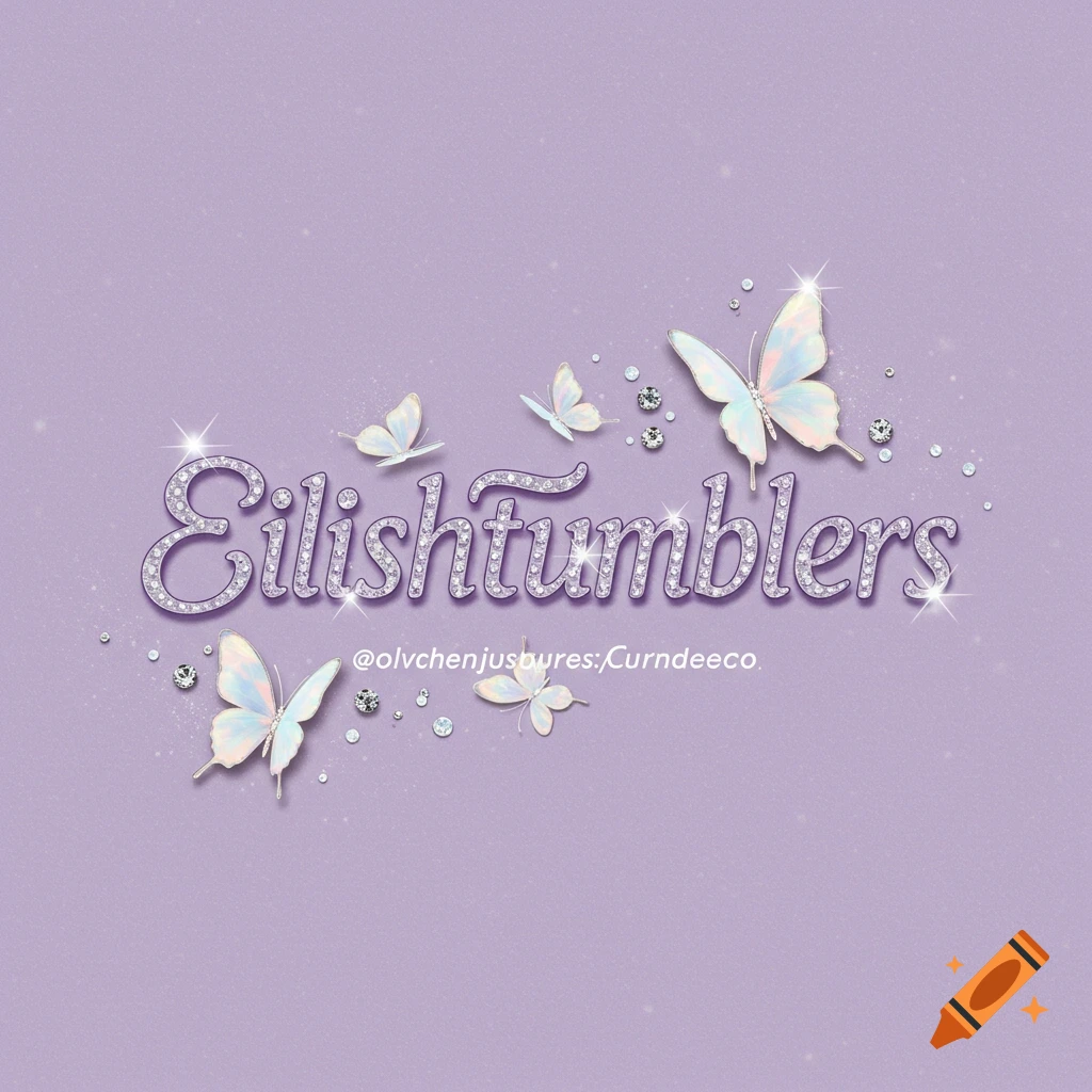 Purple logo with rhinestone text 'Eilishtumblers', opal butterflies, and sparkles.