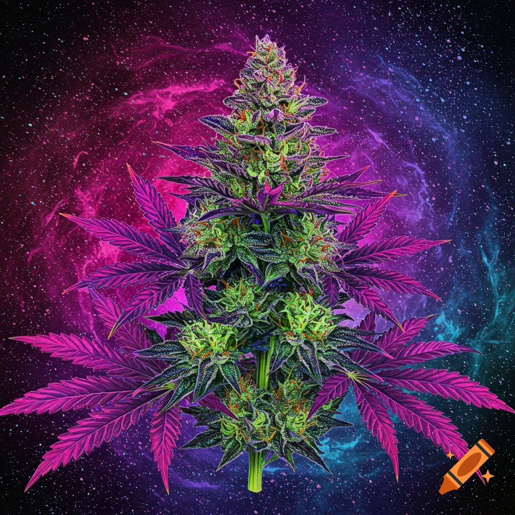 A vibrant cannabis plant with purple leaves and a large bud against a pink and blue cosmic background.