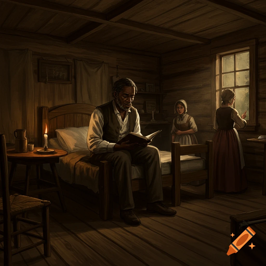 An older man reads a book to two children in a dimly lit, rustic cabin.