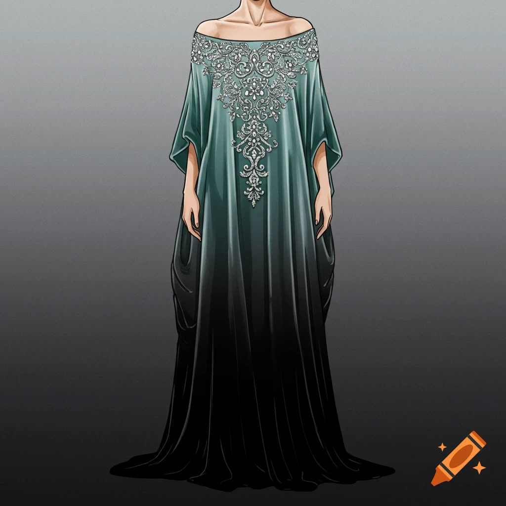 Illustration of an elegant off-the-shoulder evening gown with a teal-to-black gradient and silver embellishments.
