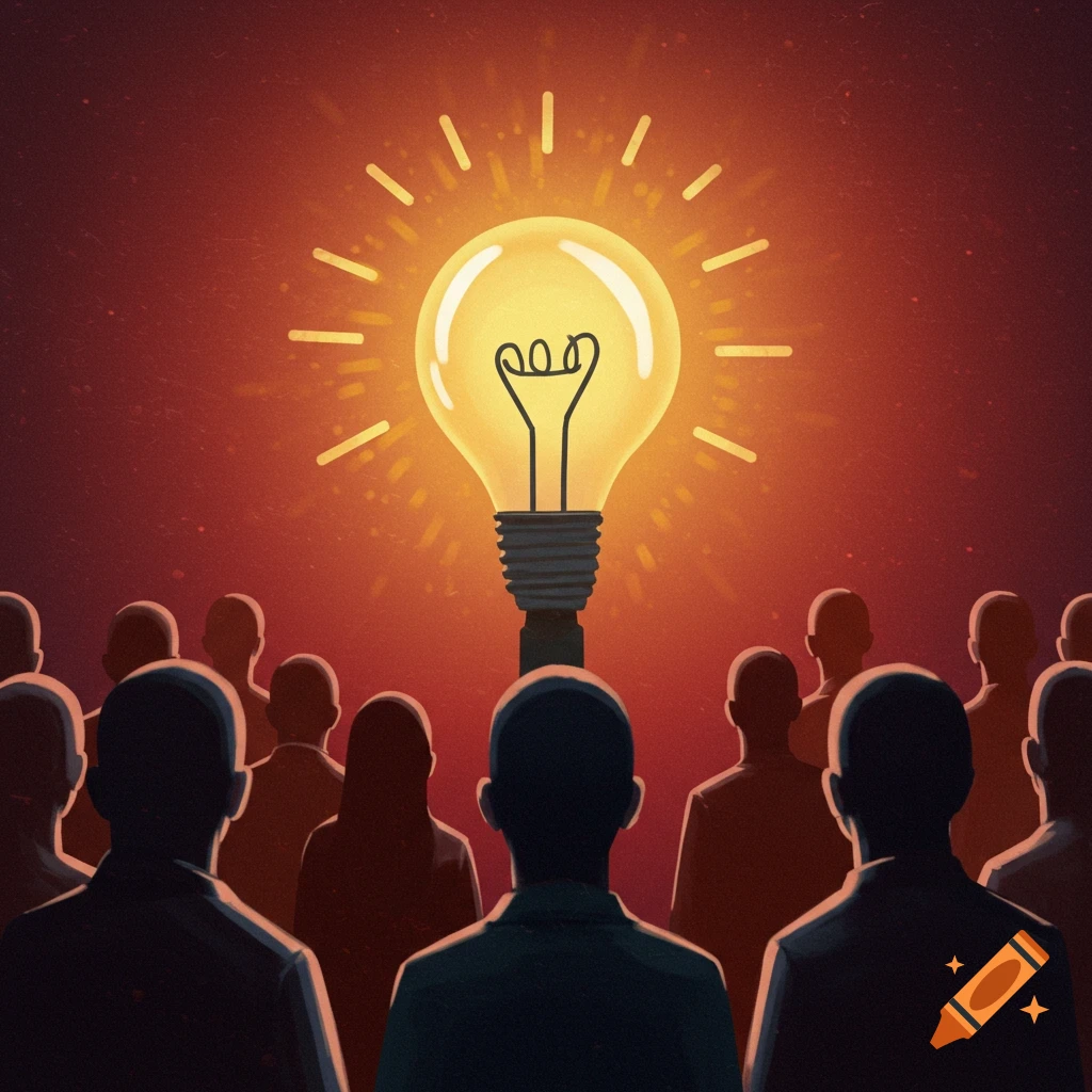 Silhouettes of people look up at a large, glowing lightbulb.