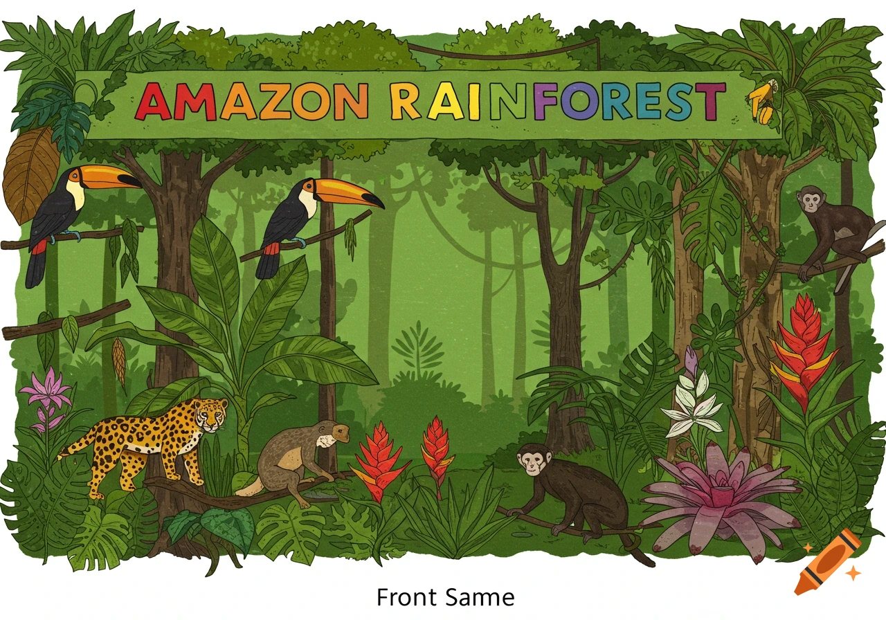 Illustration of Amazon rainforest with toucans, leopard, monkeys, plants, and 'AMAZON RAINFOREST' banner