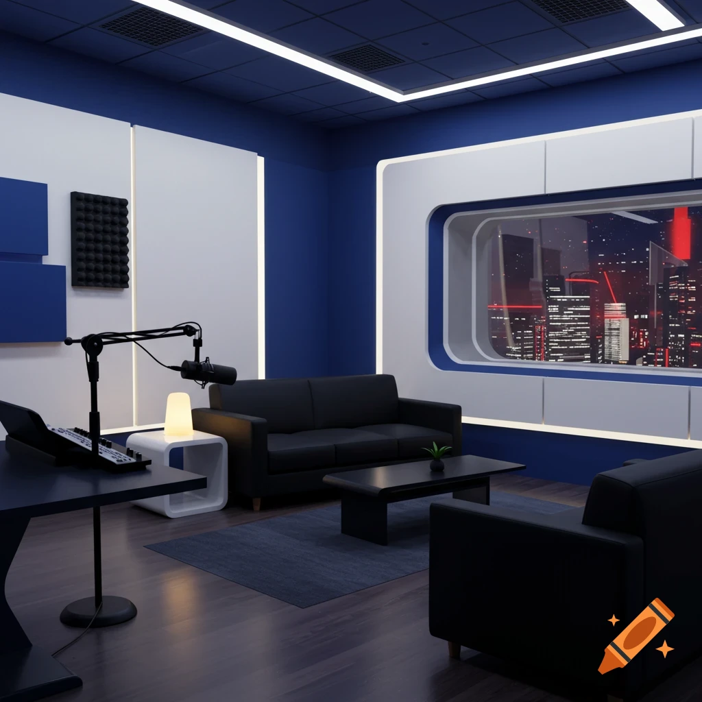 Interior of an empty podcast studio with seating, microphone setup, and a city skyline view at night.