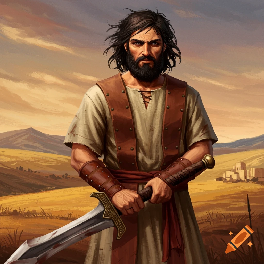 A man with a beard and sword stands in a desert landscape.