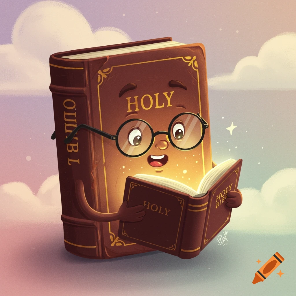 Cartoon illustration of a large book with arms and glasses reading a smaller book.