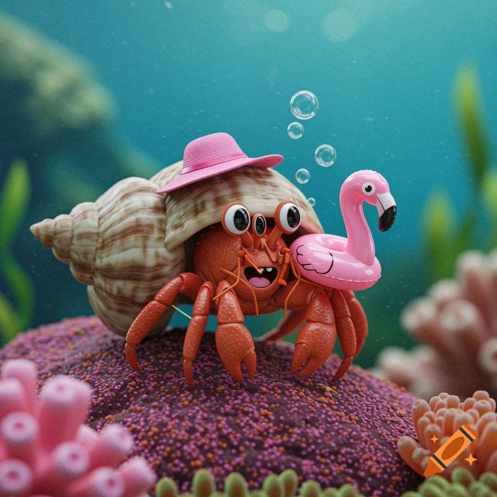 A silly, kawaii 3D render of a hermit crab underwater, wearing a pink hat and holding a pink flamingo floaty.
