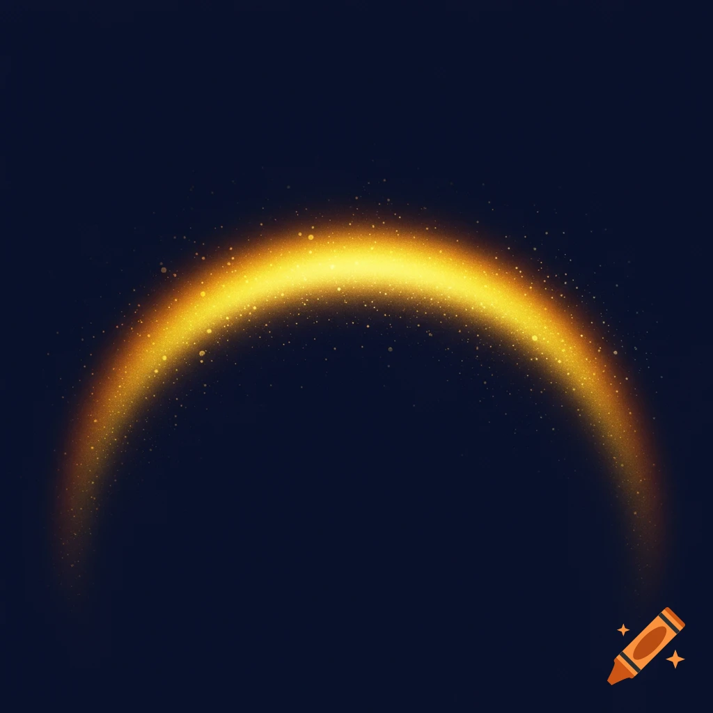 A golden arc of light sparkles on a dark blue background.