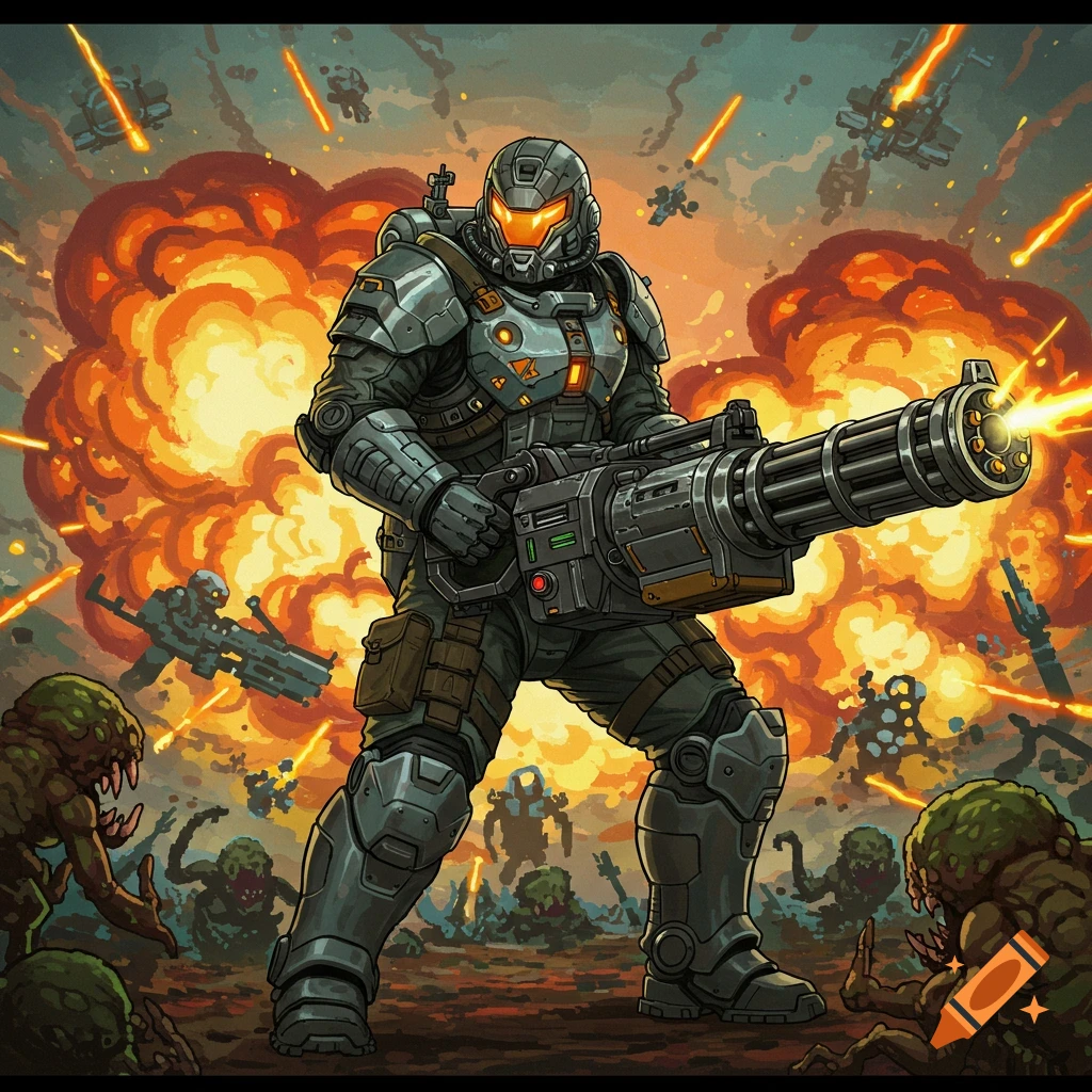 A heavily armored soldier fires a minigun at aliens during an explosion in a stylized illustration.
