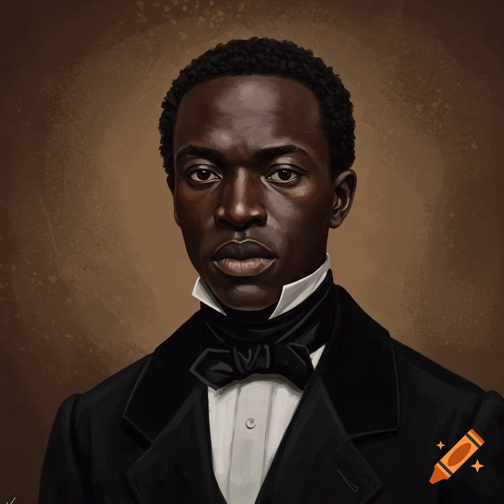 A painterly portrait of a Black man in a suit and bow tie against a brown background.