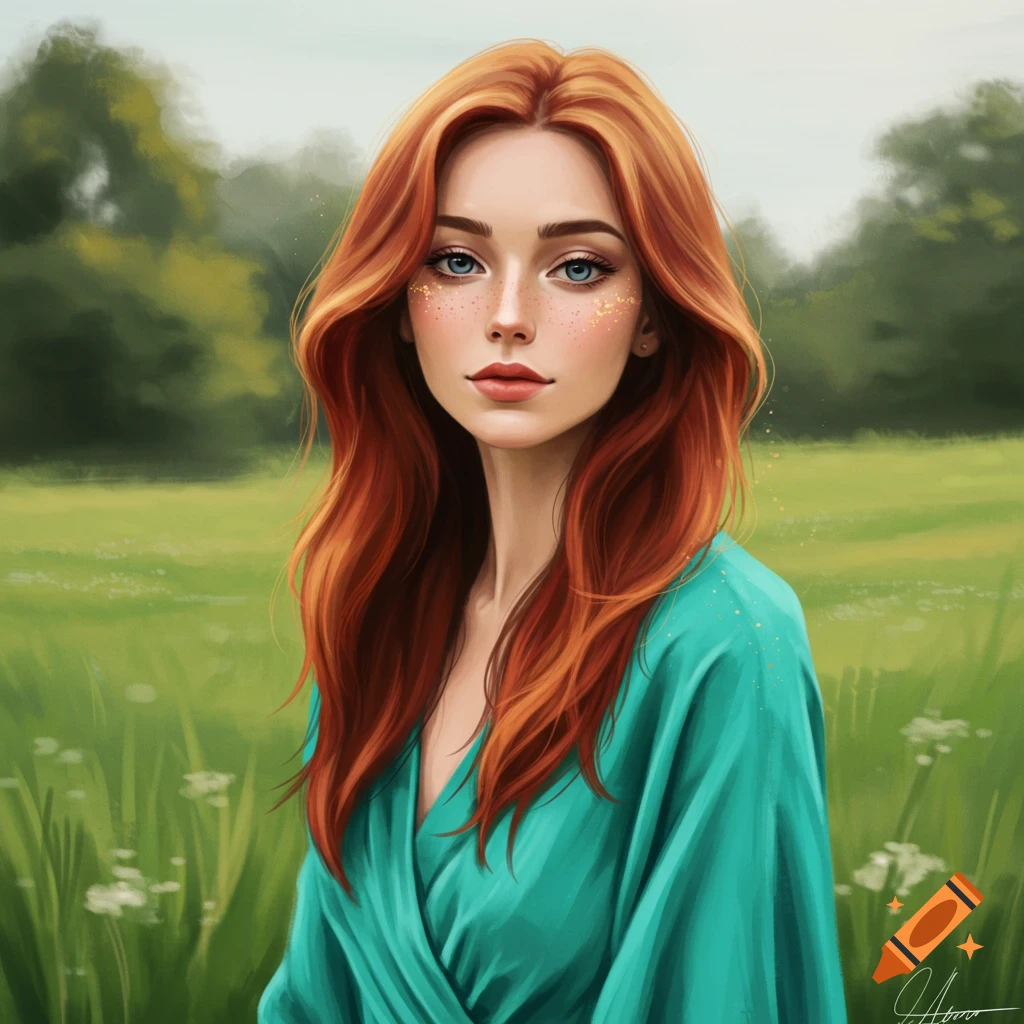 Illustrated portrait of a red-haired woman with blue eyes in a grassy field.