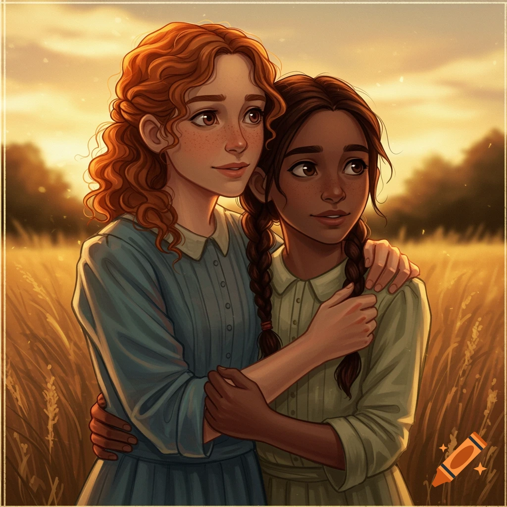 Illustration of two young women embracing in a field at sunset.