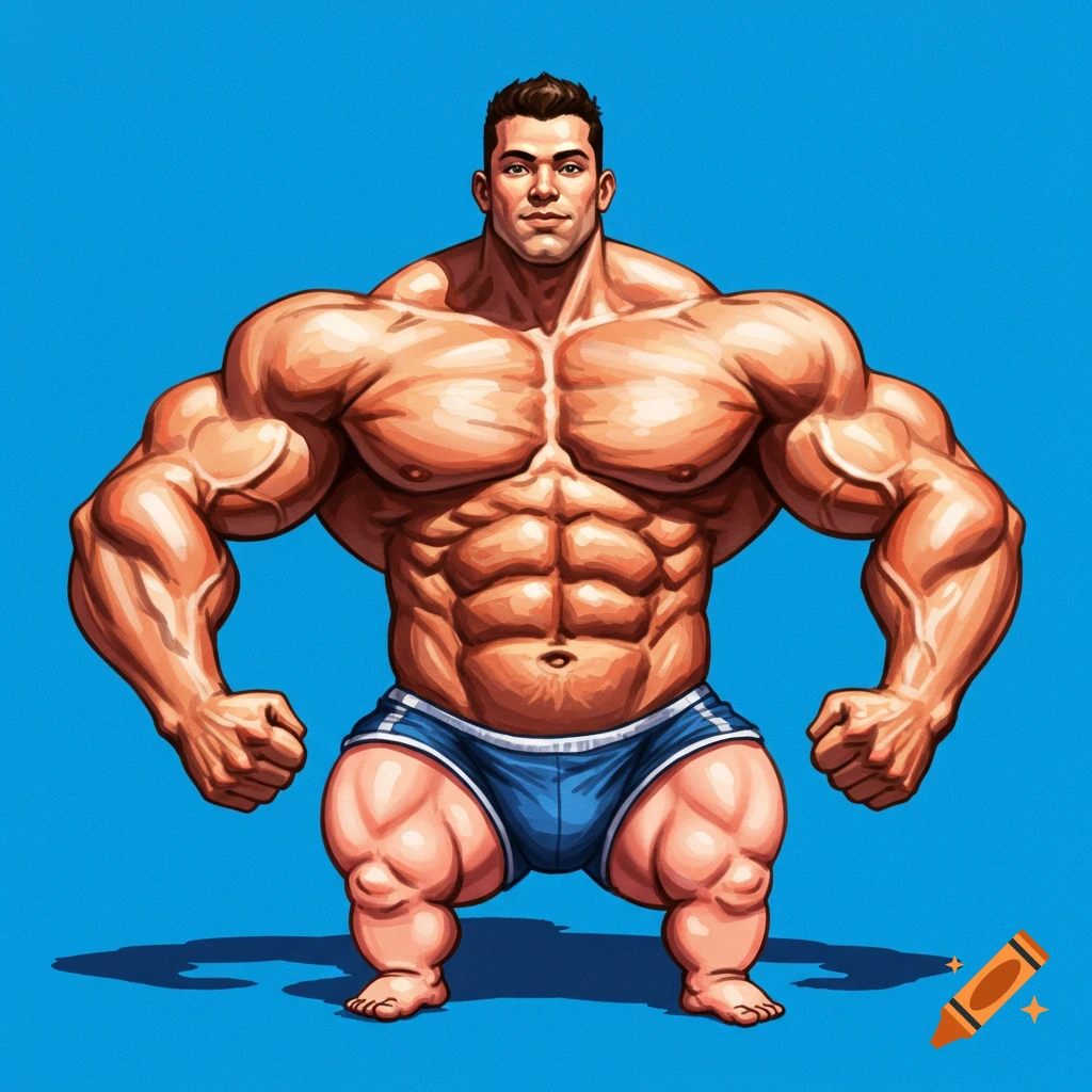 Cartoon illustration of a bodybuilder with small legs