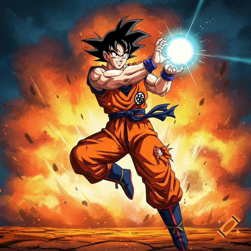 Goku in his orange gi preparing an energy attack against an explosive background in anime style.