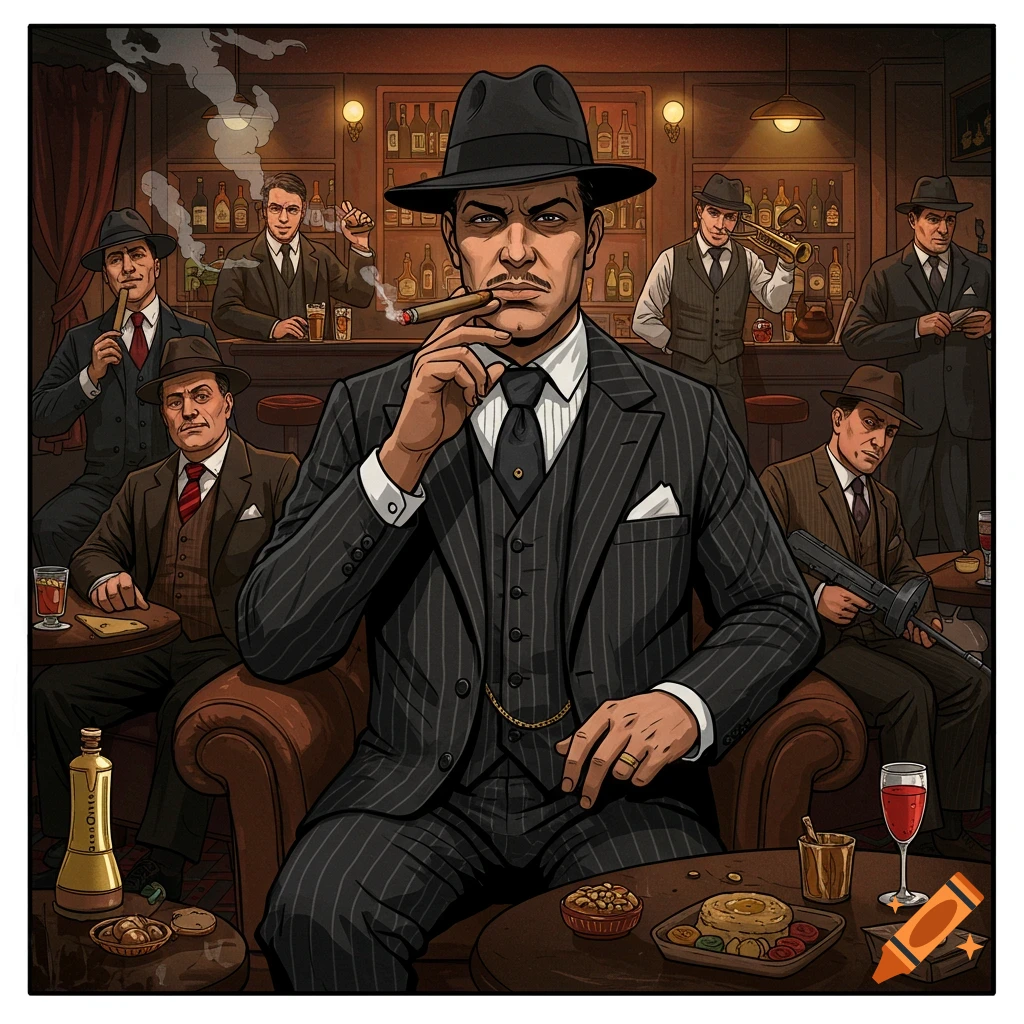 Illustration of men in suits, gangsters in a 1920s speakeasy.