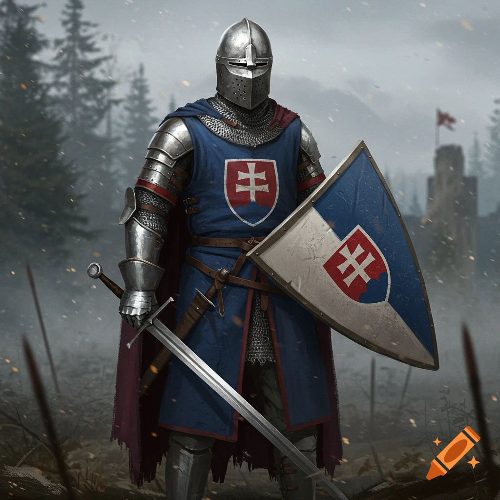 A medieval knight in full armor with shield and sword on a battlefield.