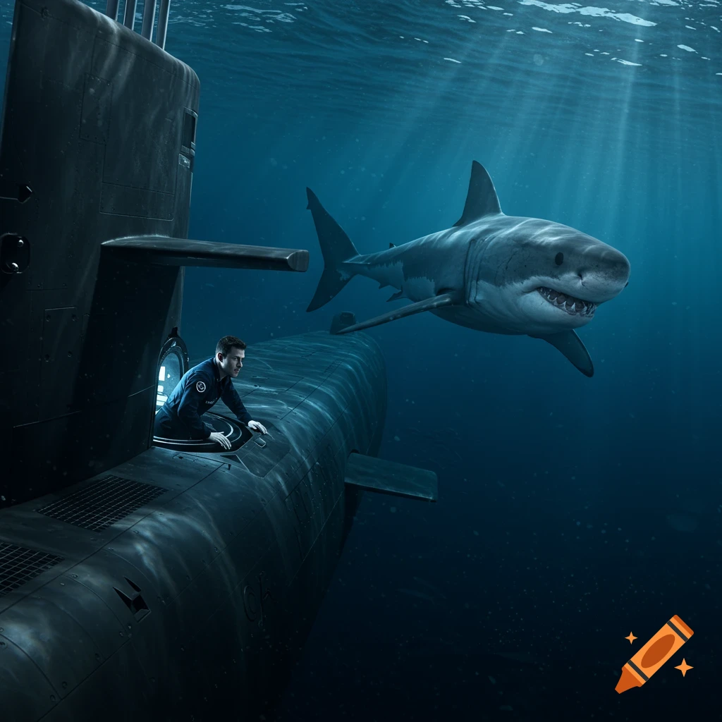 Photorealistic image of a person in a submarine hatch looking at a large shark underwater.