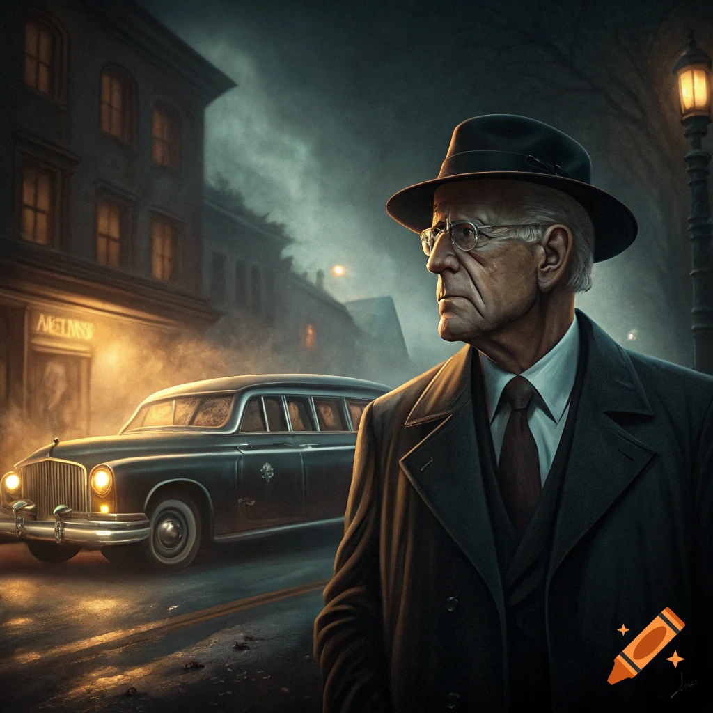 Older man in a hat and coat on a dark street next to a vintage car.