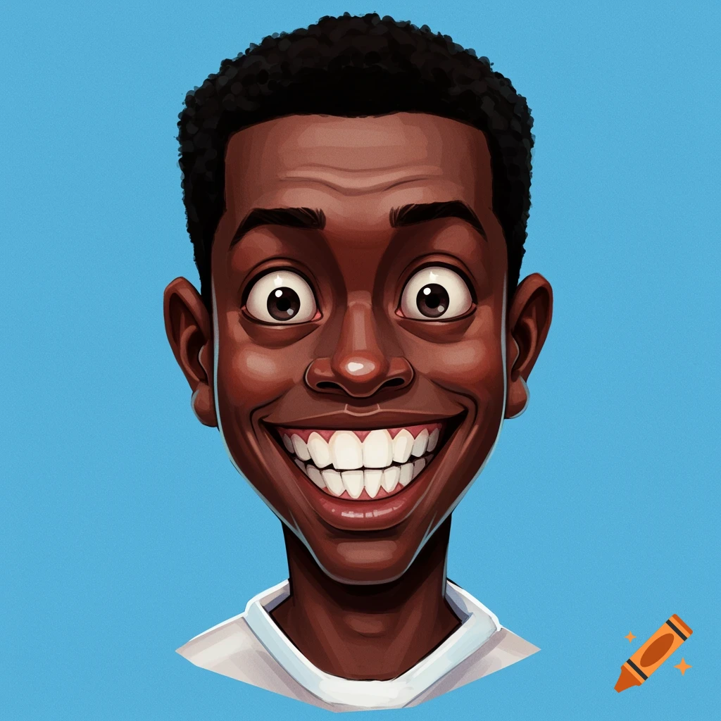 Cartoon illustration of a smiling young Black man with wide eyes on a blue background.