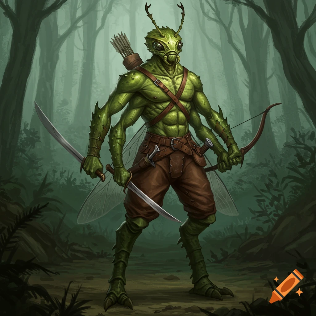 Green insectoid warrior with four arms, holding swords and a bow in a forest.