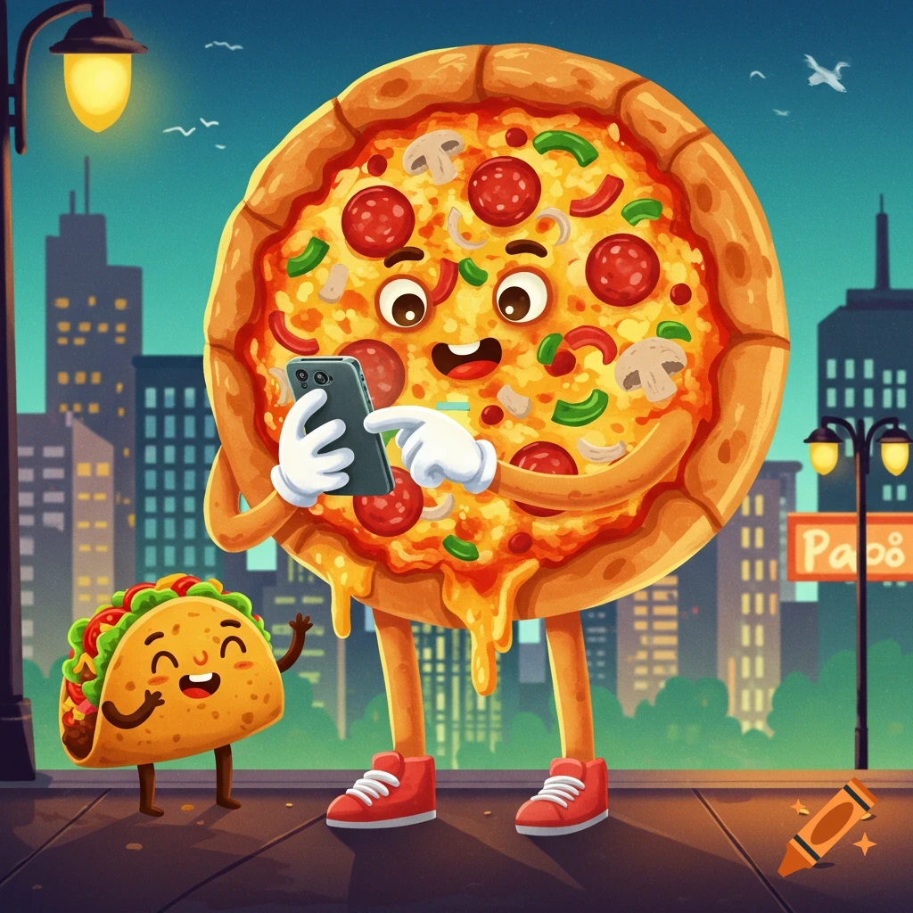 Cartoon pizza texting on a phone while walking with a taco in a city.