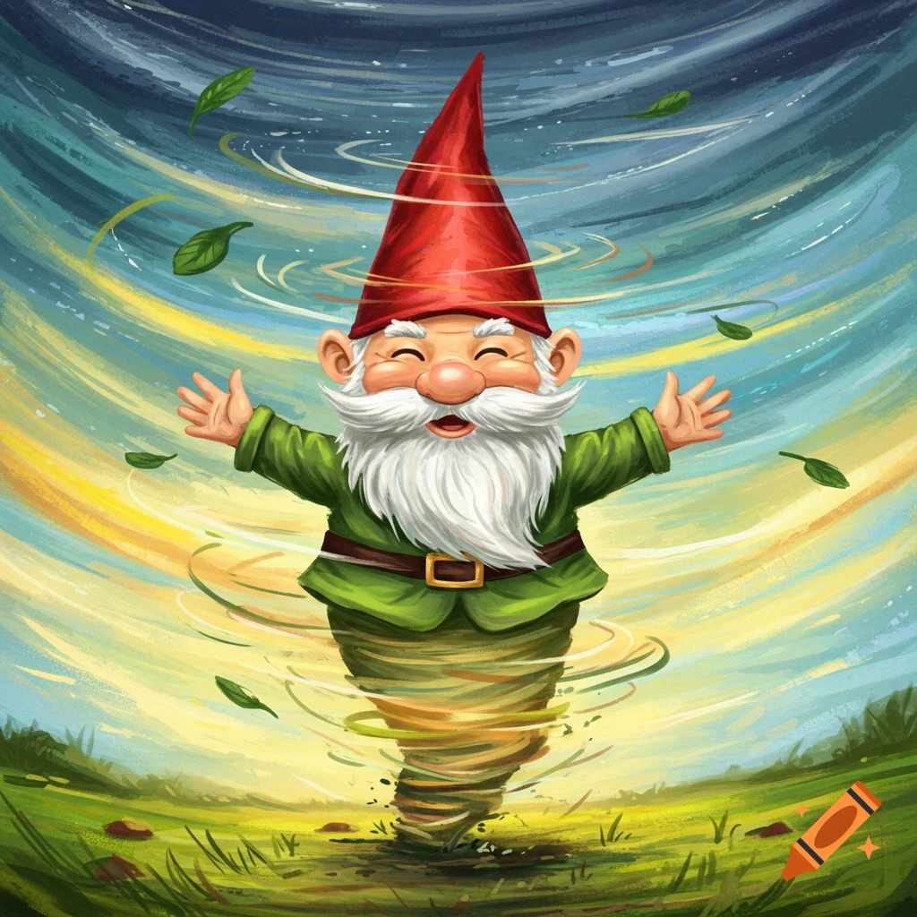 Whimsical illustration of a happy gnome forming a tornado in a field with leaves flying.