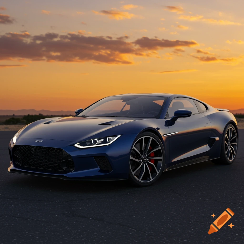Blue sports car at sunset