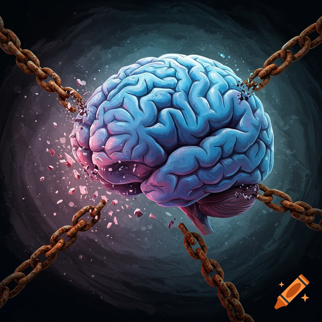 An illustration of a blue brain breaking free from rusty chains
