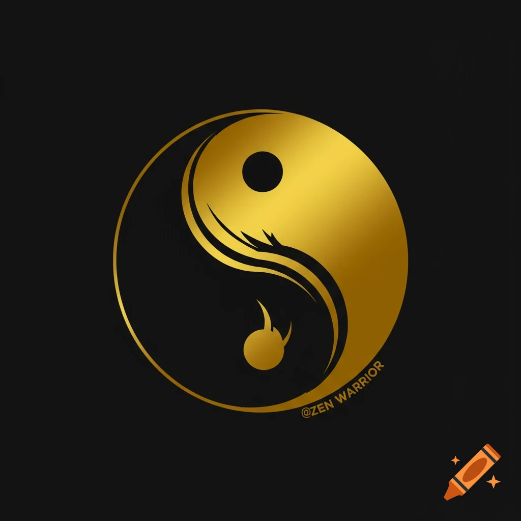 Gold stylized Yin Yang logo on black background with text @ZEN WARRIOR