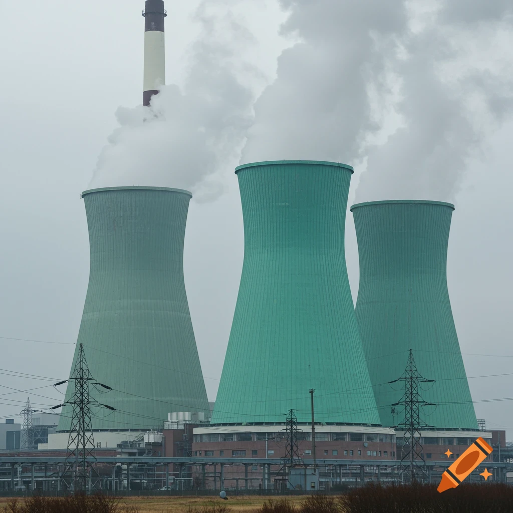 Photorealistic photo of a power plant with green cooling towers and a chimney emitting steam.