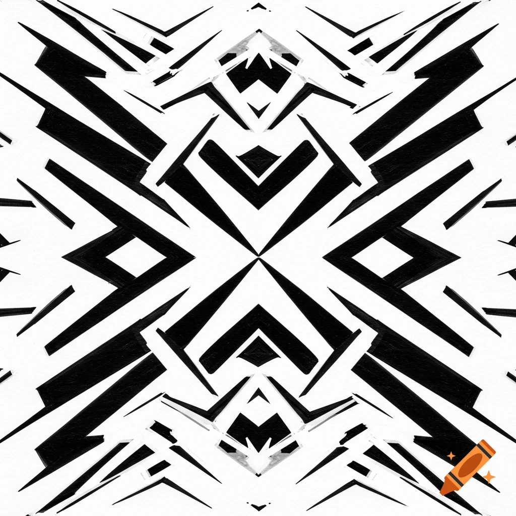 A symmetrical black and white abstract pattern with sharp zigzag lines.