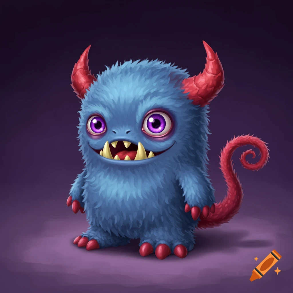 A fuzzy blue cartoon monster with purple eyes, red horns, claws, and a curly red tail.