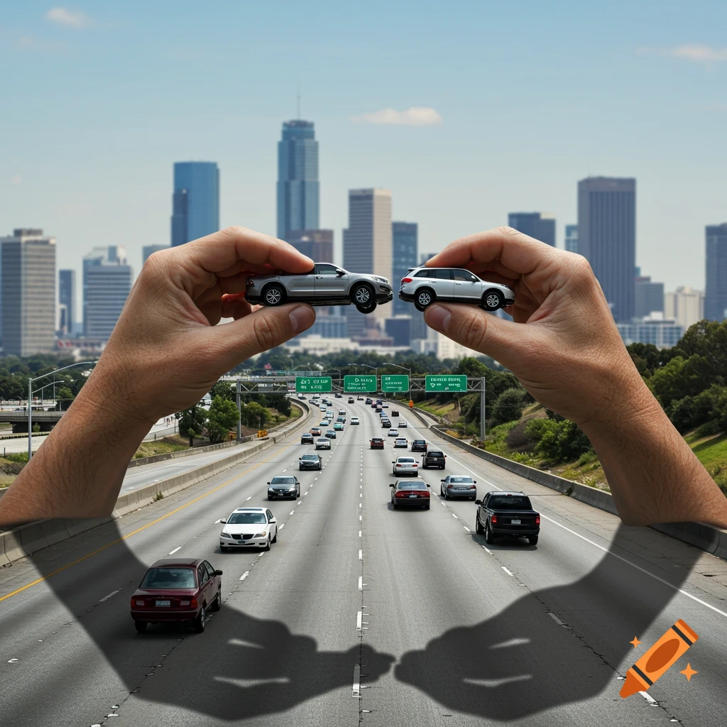 Giant hands hold toy cars over a highway with city skyline.