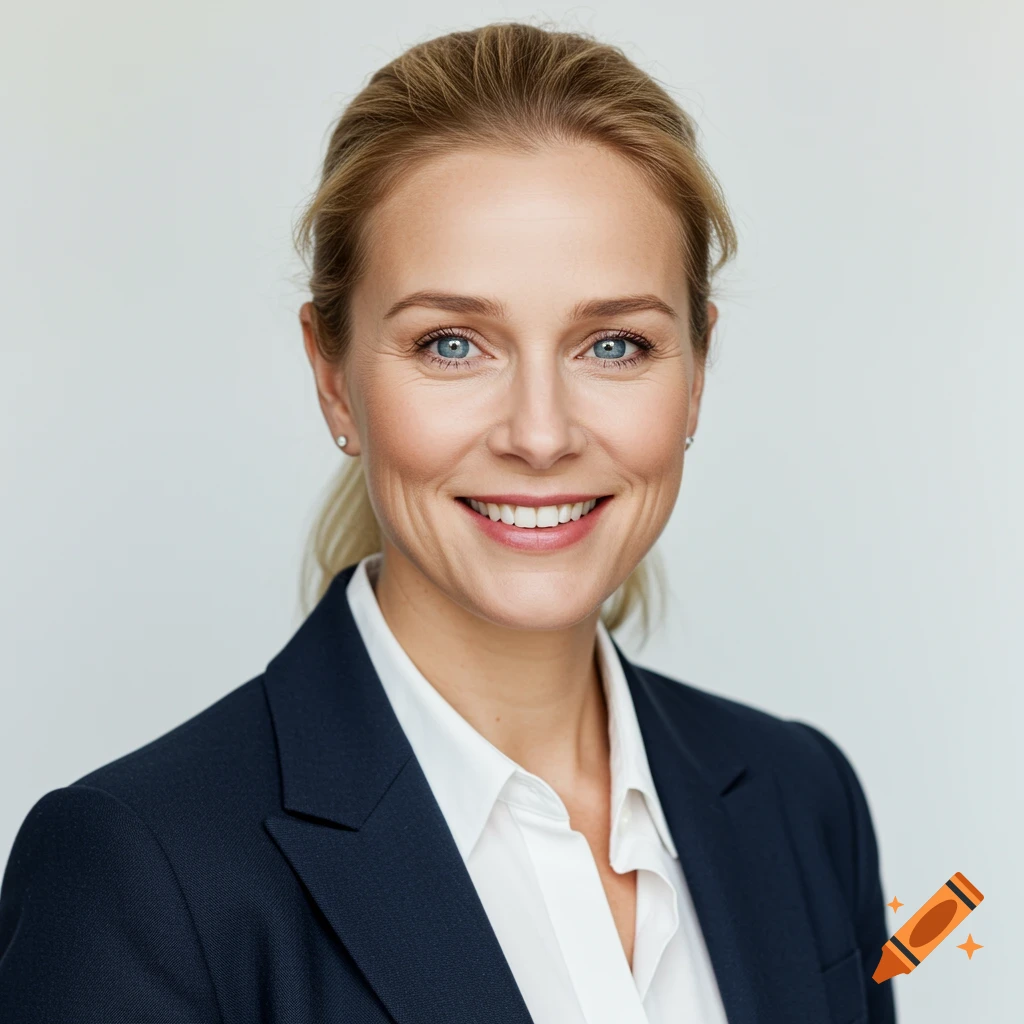 A portrait of a smiling blonde woman in a dark business suit.