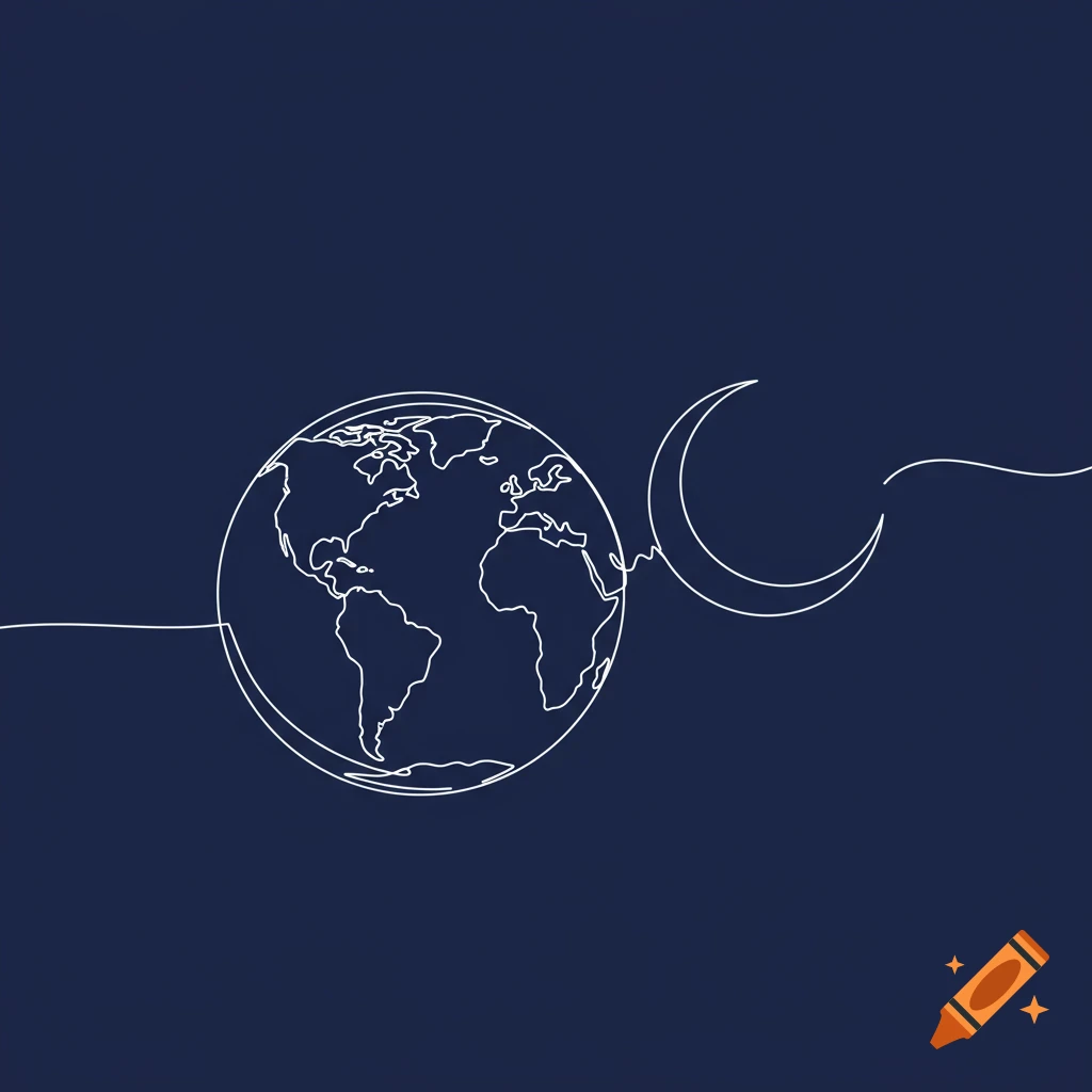 Single line drawing of Earth and a crescent moon on a blue background.